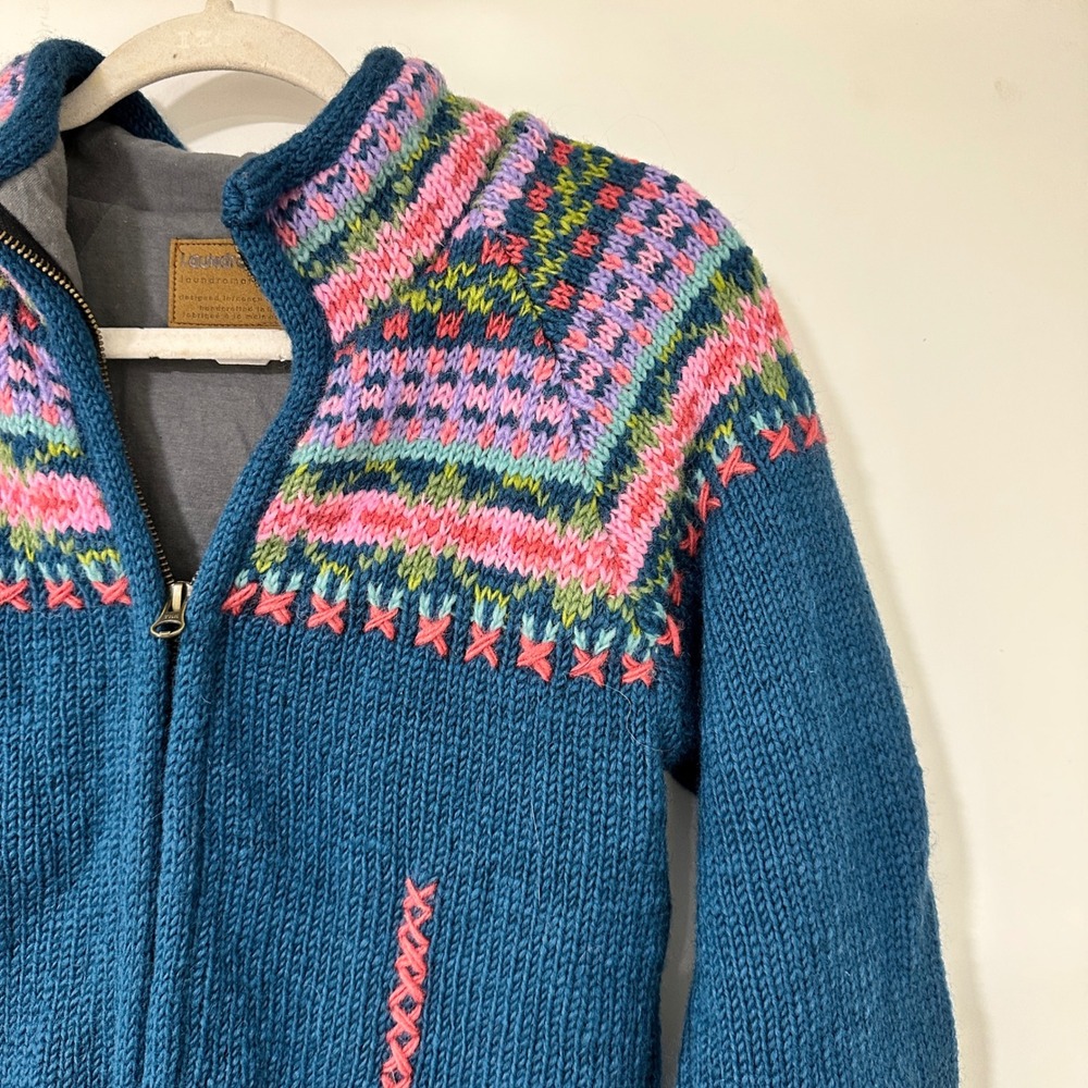 Laundromat Wool Sweater Womens Small Blue Fair Isle Full Zip Lined Handcrafted